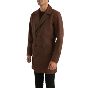 <b>Men's</b> Brown Genuine Leather Double Breasted Knee Length <b>Overcoat</b> Notched Lapel Coat - Product Image 3
