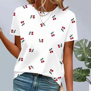 T-shirt en coton 100% respirant à séchage rapide pour femme, imprimé cerises, col rond, manches courtes, coupe ample, décontracté, printemps-été - Product Image 1