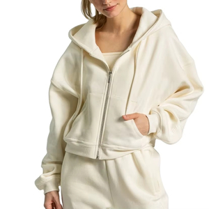 Sudadera con capucha extragrande cremosa para mujer, con cremallera, manga larga, color liso, de punto, forro polar de algodón, para otoño - Product Image 1