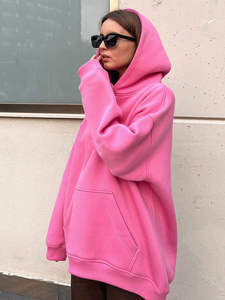 Pink Oversized Hooded Sweatshirt Fleece Pullover Solid Color Regular Sleeve Autumn Wear - Product Image 4