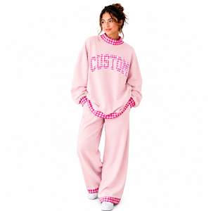 Conjunto de sudadera y pantalones rojos extragrandes para mujer con ribete de guinga, estampado de letras personalizado, estilo casual, holgado, de longitud completa, conjunto de dos piezas. - Product Image 4