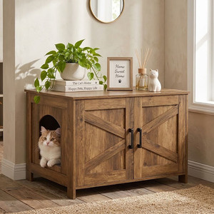<b>Wood</b> <b>Cat</b> <b>House</b> Cabinet With Storage Doors And Pet Entry For Indoor <b>Cats</b> Living Room Furniture Classic Style - Product Image 3