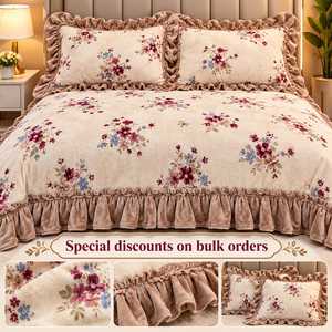 Luxury Winter Bedsheet Set <b>King</b> <b>Size</b> with 2 <b>Pillow</b> Covers Soft Plush Fleece Floral Printed Bedding Ruffled Frill Border Warm - Product Image 4