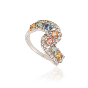 Vente en gros d'usine, bague en argent sterling 925 incurvée et croisée, multi-saphirs et diamants, pour femmes, à porter au quotidien - Product Image 3