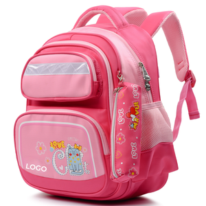 Pink Cartoon Cat Print Student <b>Backpack</b> for Girls with Multiple Pockets and Zipper Closure 15 Inches Softback Design - Product Image 1