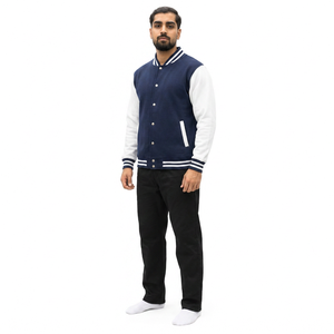 Men's Navy White Varsity <b>Jacket</b> Preppy Style <b>Fleece</b> <b>Lined</b> Regular Fit Stand Collar Covered Button Closure Breathable - Product Image 2