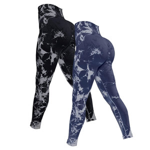 Women's High Waisted Full Length Yoga <b>Leggings</b> Printed Tie Dye <b>Pattern</b> Blue And Gray Four Way Stretch Spandex Polyester Pants - Product Image 4