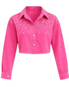 Veste en jean courte rose personnalisée pour femme avec empiècement orné de strass, boutonnée, manches longues, style streetwear décontracté - Product Image 1
