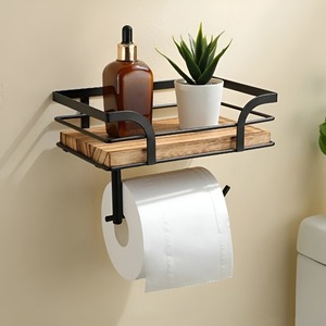 Portarrollos de Papel Higiénico de Hierro Rústico para Montar en la Pared con Estante, Soporte de Almacenamiento No Plegable para Accesorios de Baño - Product Image 3