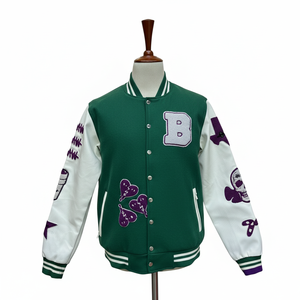 Chaqueta Varsity Verde y Blanca para Hombre, con Letra B Bordada y Parche de Corazón, Estilo Preppy, Corte Regular, Otoño, Poliéster y Algodón - Product Image 1