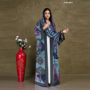 Chiffon Abstract Printed Open Front Abaya Style <b>Shrug</b> with Hood Border Panel Modest Wear Full Length Contemporary Flow Design - Product Image 4