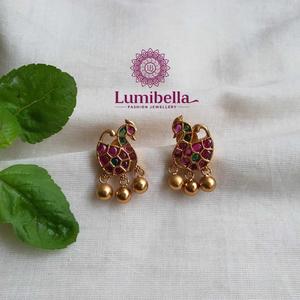 18K Gold Plated Peacock Stud Earrings with Zircon and Pearl - Product Image 1