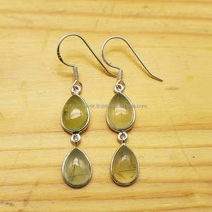 Boucles d'oreilles en argent sterling 925 avec Prehnite Gemstone Designer Dangle Indian Fine Jewelry Boucles d'oreilles en argent en gros - Product Image 1