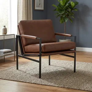 Sillón Vintage de Cuero Marrón con Asiento Acolchado, Reposabrazos Acolchados, Estructura de Metal Negro, Silla de Salón Moderna de Estilo Industrial - Product Image 6