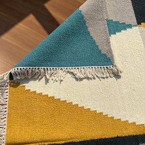 Bold Bauhaus-Inspired Abstract Geometric Wool Flatweave Rug Striking Teal Mustard <b>Slate</b> Triangles Non-Slip Eco-Friendly for - Product Image 6