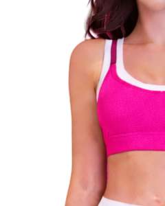 ชุดออกกำลังกายผู้หญิงสีชมพูสดและสีขาวตัดกัน ประกอบด้วยเสื้อชั้นในกีฬาและกางเกงขาบานเอวสูง ผ้าสเตรช เหมาะสำหรับโยคะ ฟิตเนส และยิม รับผลิตตามแบบ (OEM) ขายส่ง - Product Image 4