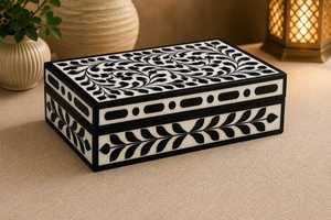 Exclusive Handmade Bone Inlay <b>Keepsake</b> <b>Box</b> Luxury Wooden Jewelry Organizer in Black & White Abstract Design for Jewelry - Product Image 2