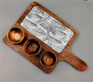 Eco-Friendly Wooden <b>Serving</b> <b>Dish</b> Platter with Color Enamel Finish 3 Bowl <b>Set</b> for Snacks Cakes Kitchen Restaurants Camping - Product Image 1
