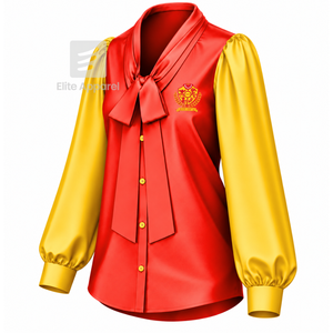 NSPDK Sorority <b>Satin</b> <b>Blouse</b> With Bow Collar And Embroidered Logo Puff Sleeve <b>red</b> & gold trendy <b>blouse</b> for female - Product Image 2