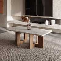 Table basse rectangulaire moderne et minimaliste en bois de noyer foncé, table centrale à profil bas avec base en bloc massif pour salon et canapé