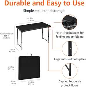 Table à manger pliante rectangulaire noire en métal durable de 1,20 m, hauteur réglable (4 positions), poignée de transport, écologique, pour l'extérieur - Product Image 4