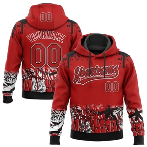 Sweat-shirt à capuche sportif OMMIZ INDUSTRY personnalisé, brodé, rouge, noir et blanc, motif graffiti 3D, style street art, vente en gros - Product Image 1