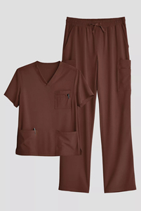 Men V Neck <b>Scrub</b> Set Brown 5 Pocket Top 10 Pocket Pants Hospital <b>Uniform</b> Spandex/Polyester Woven Needle Detection Seamless - Product Image 2