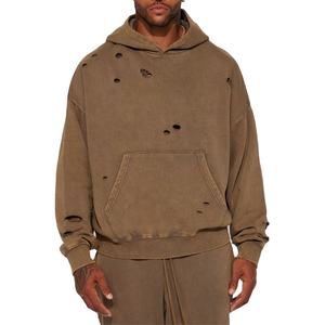 Sudadera con capucha de gran tamaño personalizada para hombre French Terry, ropa de calle de algodón 100%, sudaderas con capucha desgastadas Vintage rasgadas para hombre - Product Image 1
