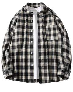 Camisa Casual a Cuadros Beige Marrón para Hombre, Chaqueta de Algodón y Poliéster de Manga Larga con Botones y Diseño de Dobladillo Ajustable - Product Image 1