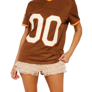 Vente en gros de maillots de football américain pour femmes, style rétro, en maille marron, surdimensionnés, à manches courtes, vêtements de sport en polyester, personnalisables - Product Image 3
