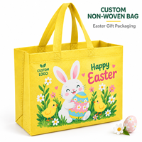 Sacs de courses réutilisables en tissu non tissé à imprimé lapin de Pâques jaune rayé et poussins, personnalisables avec logo, vente en gros