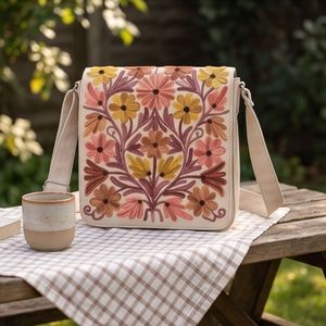 Bolso Bandolera Bordado a Mano Estilo Kashmiri Color Marfil con Ramillete de Margaritas Cálidas - Product Image 1