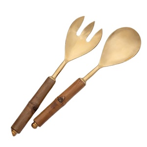 Stylish <b>Gold</b> Finished Metal Salad Server With Acacia Wooden Handle for Home & Wedding Dinner Table <b>Serving</b> <b>Spoon</b> & Forks - Product Image 1