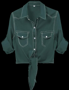 Camisa Vaquera de Mujer de Primera Calidad en Oferta, con Cuello Cruzado y Botones al Frente, Manga Tres Cuartos, con Contraste 2026 - Product Image 3