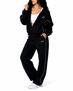 Ensemble de survêtement 2 pièces pour femme, coupe ample et respirante, coupe-vent d'automne, léger, oversize, uni, 100% nylon, avec sweats à capuche, Noir, USA - Product Image 3