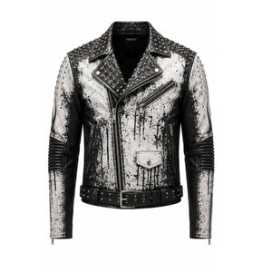 Men's PU Leather Punk Motorcycle <b>Jacket</b> With Skull Print Rivet Spikes Zipper Closure Turn-down Collar Autumn Wear - Product Image 5