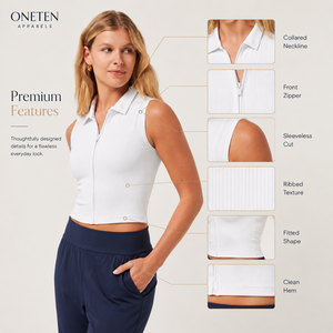 ONETEN APPARELS <b>Women</b> Sleeveless Cropped <b>Polo</b> <b>Shirt</b> Solid <b>White</b> Knitted Polyester Sporty Zipper Front Design - Product Image 4