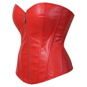 Red PU Leather <b>Corset</b> <b>Waist</b> <b>Trainer</b> Women's Strapless Zipper Closure Bustier Outer Wear Gothic Anti-bacterial Chain Embroidery - Product Image 3