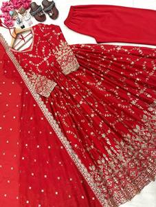 Ensemble indien pakistanais brodé rouge, robe Anarkali à manches longues avec châle, tenue traditionnelle de fête - Product Image 2