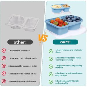 Confezione da 3 contenitori per snack in silicone riutilizzabili, piccoli contenitori per il pranzo a 2 scomparti, a tenuta stagna, con coperchi semitrasparenti, per conservare condimenti SA - Product Image 4