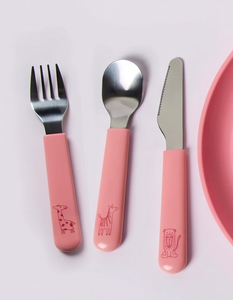 Ensemble de couverts roses pour enfants avec design d'animaux de dessin animé, manche en plastique, couverts en acier inoxydable pour les repas des enfants - Product Image 1