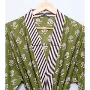 <b>Belted</b> 100% Cotton Soft Digital Printed V-neck Full Length Long Sleeve Breathable Quick Dry Women's <b>Kimono</b> Bathrobe Summer - Product Image 4