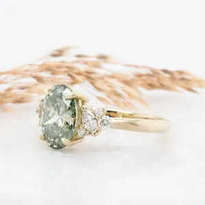 Green Oval Cut <b>Ring</b> with Marquise Side Stones in Solid Yellow Gold | Elegant Luxury Diamond Engagement Style <b>Statement</b> Jewelry - Product Image 3