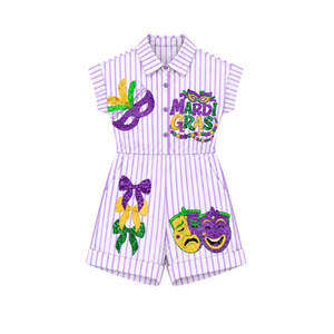 <b>Women's</b> Purple Stripped Short Sleeves <b>Romper</b> High Waist Turn Down Collar Mardi Grass Theme Jumpsuit with Sequined Embroidery Set - Product Image 1