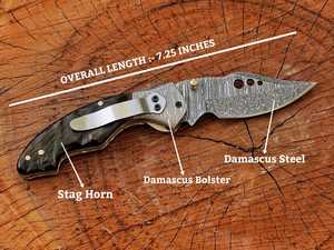 Cuchillo Plegable de Acero de Damasco SHARP POINT TRADES con Hoja de Borde Recto, Apertura con Perilla, Mango de Madera, Diseño Artístico, OEM - Product Image 2