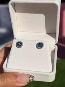 2.20 Carat London Blue Topaz & Diamond Halo <b>Stud</b> Earrings – 14K White Gold - Product Image 6
