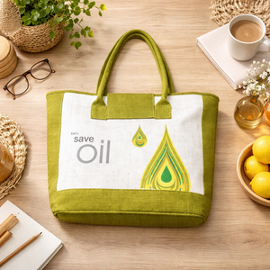 Bolso de mano de yute natural estampado |   Bolsa de Compras Reutilizable Ecológica para Promoción |   Nueva llegada: Bolsa para guardar aceite R.D. - Product Image 1