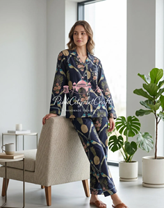 Women's Premium Cotton Hand Block Printed Summer Night Suit Set Elegant Long Sleeve Button-<b>Down</b> Shirt Full-Length Lounge <b>Pants</b> - Product Image 5