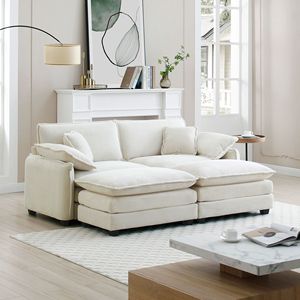 Divano da Teatro a Due Posti in Velluto a Coste Beige con 2 Poggiapiedi Ottomani per Piccoli Spazi Abitativi per Soggiorno - Product Image 3