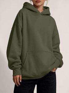Sudadera con Capucha Extra Grande para Mujer, Color Verde Oliva, con Bolsillos, Corte Regular, Estilo Casual, Material de Felpa, Color Sólido - Product Image 4